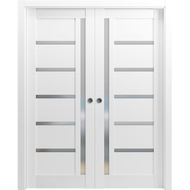 SARTODOORS - French Double Pocket Doors | Quadro 4088 White Silk with Frosted Opaque Glass | Sample of Color
