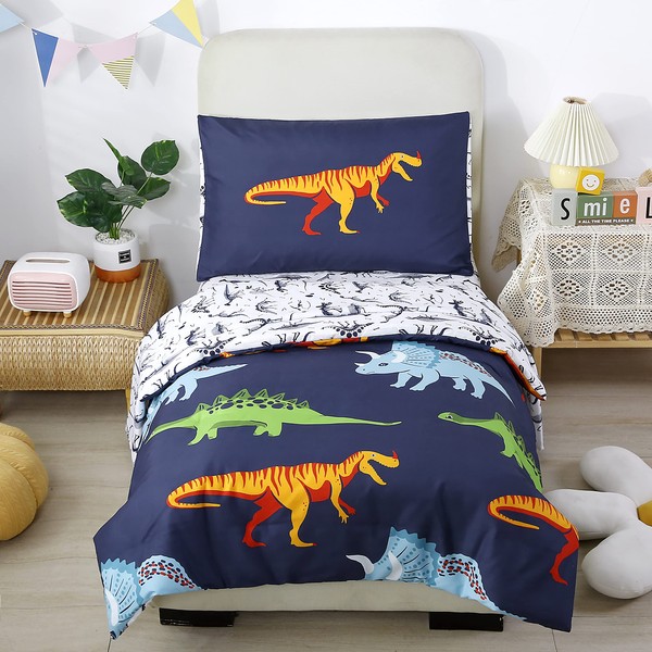 STYHO Cartoon Dinosaur Print Duvet Cover Sets Dark Blue Animal Pattern Quilt Bed Cover Reversible Bedroom Collection for Boys Children Kids, Cot Bed
