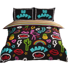Rapport Funky Neon Reversible Striped Duvet Cover Bed Set, Polycotton, Black,2 pieces, Single