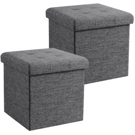 Ornavo Home 2 Pack 15 Inch Folding Storage Ottoman with Storage, Square Cube Linen Small Storage Ottoman Foot Rest Stool - Dark Gray