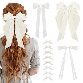 11 Pack Satin Hair Bows for Women & Girls - Large Ribbon Bow Clips Barrettes for Women, Teens| Elegant White & Pastel Color Hair Accessories for Wedding, Party, Church, Photoshoot