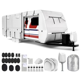 Mofeez Oxford Fabric Travel Trailer RV Cover, Camper Cover with 420D Oxford for The Top, 18'-20' Tearproof Waterproof Windproof Travel Trailer Cover with 4 Tire Covers, Jack Cover and Zippered Doors