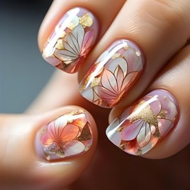 Flower Press on Nails Short Square Fake Nails Gold False Nails with Designs Glitter Glossy Full Cover Acrylic Nails Shiny Glue on Nails Cute Artificial Stick on Nails for Women 24 Pcs