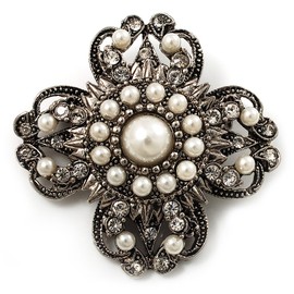 Vintage Filigree Simulated Pearl Cross Brooch (Antique Silver)