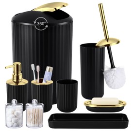 XLHOMO 9PCS Black and Gold Bathroom Accessories Set Complete with Trash Can, Vanity Tray, Soap Dispenser, Soap Dish, Toothbrush Holder, Toothbrush Cup, Toilet Brush and Qtip Holders