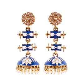 Crunchy Fashion Bollywood Jewellery Traditional Ethnic Bridal Wedding Bridesmaid Long Gold Plated Royal Rajasthani Design Double Step Blue Layered Kundan & Meenakari Jhumka Earring For Women &'s