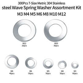 300 Pcs Stainless Steel Washers, M3 M4 M5 M6 M8 M10 M12 Wave Spring Locking Washers Assortment Set, Curved Crinkle Spacers