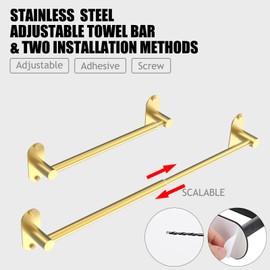 MIROAMZ Towel Bar, Adjustable 14.4inch - 25.2inch Towel Rack, Self Adhesive & Wall Mounted for Bathroom Kitchen Hand Towel Holder Cloths Hanger SUS 304 Stainless Steel Organizer Single Bar Gold