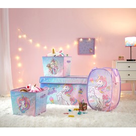 Idea Nuova JoJo Siwa 4 Piece Dreamy Bow Unicorn Storage Solution Set with Pop Up Hamper, Collapsible Storage Trunk and 2 Nestable Storage Bins