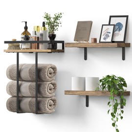 QHMCHLDZ Towel Racks for Bathroom-Wall Mounted Floating Shelves for Wall Bathroom Bedroom Kitchen Living Room, Hanging Book Shelves Decor Bathroom Organizer, 16 inch Solid Wood, Carbonized Wood Color