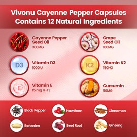 Cayenne Pepper Softgels Supplement, Supports Leg Vein, Heart and Blood Vessel Health, with Vitamin E D3+K2 and Extracts of Grape Seed, Hawthorn, Beetroot, Berberine and Others(240 Softgels/1 Pack)