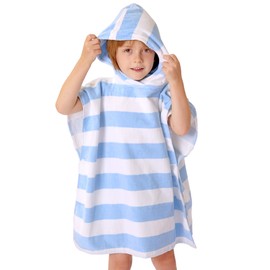 TBEZY Toddler Bath Towel Poncho Thick Cotton Striped Beach Towels for Kids Gifts (2-6, Blue)
