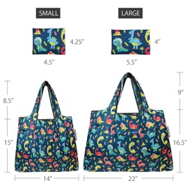 allydrew Large & Small Foldable Tote Nylon Reusable Grocery Bags, Set of 4, Dinosaurs