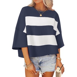 ZESICA Women's Summer 3/4 Sleeve Casual Tee Tops 2025 Crewneck Drop Shoulder Color Block Oversized T-Shirts,Navy,Medium