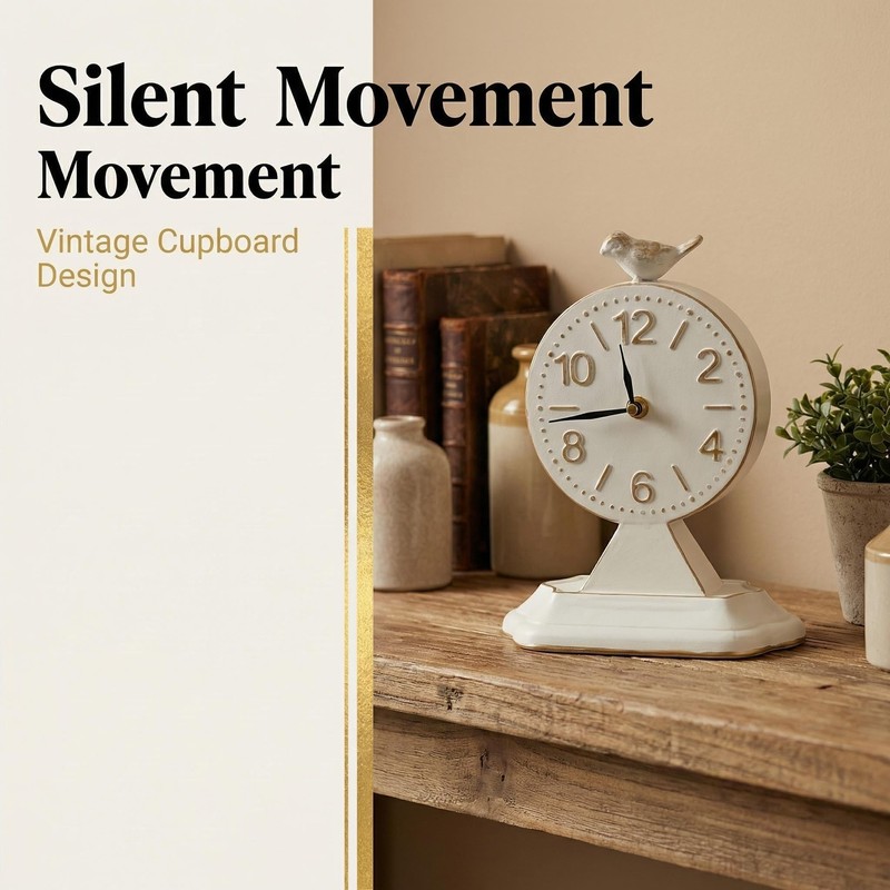 Vintage 10-Inch Cream White Table Clock with Bird Sculpture, Rustic