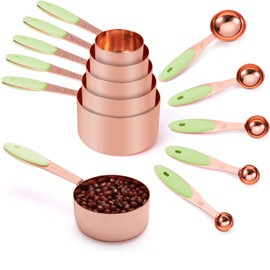 Joyhill Copper Measuring Cups and Spoons Set of 10 Piece, Kitchen Stainless Steel Nesting Measuring Cups Set with Soft Touch Silicone Handles for Dry and Liquid Ingredients, Cooking & Baking (Green)