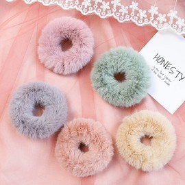 TOVINANNA 5pc Imitation Rabbit Fur Hair Ties for Adults Chic Fluffy Ponytail Holders Random Colors Stylish Hair Accessories for Everyday Wear and Special Occasions