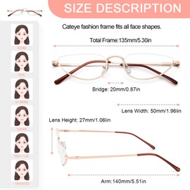 KoKoBin Half Reading Glasses for Men Women,Half Moon Metal Frame Lens Spring Hinge Readers, Pink+Gold 3.25