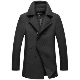 chouyatou Men's Classic Notched Collar Double Breasted Wool Blend Pea Coat (Large, Black)