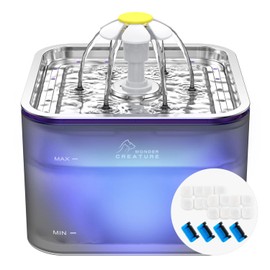 Crystal Cat Water Fountain Stainless Steel with 4 Filters and 4 Sponges, 101oz/3L Pet Fountain with LED Light for Cats and Dogs (Grey)