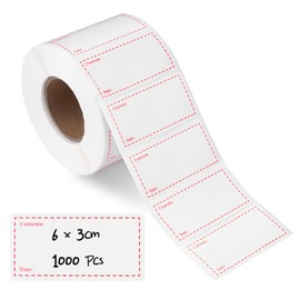 Hengsong Freezer Labels,1000 Sticky Labels on a Roll,for Jars,Kitchen,for Storage Boxes,Pantry,Fridge Stickers,White,Red,6x3cm