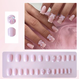 Viugex 24Pcs Nude Pink Press on Nails Short Square, French White Tip False Nails, 3D Crystal Bow Design Fake Nail, Removable Acrylic Full Cover Stick on Nails for Women Daily Holiday Wedding Wear