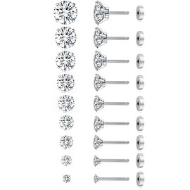 Wrlcorly 9 Pairs Stainless Steel Threadless Flat Back Stud Earrings For Women Men 20G Cubic Zirconia Push in Barbell Cartilage Earrings Set 2-10MM Silver Tone