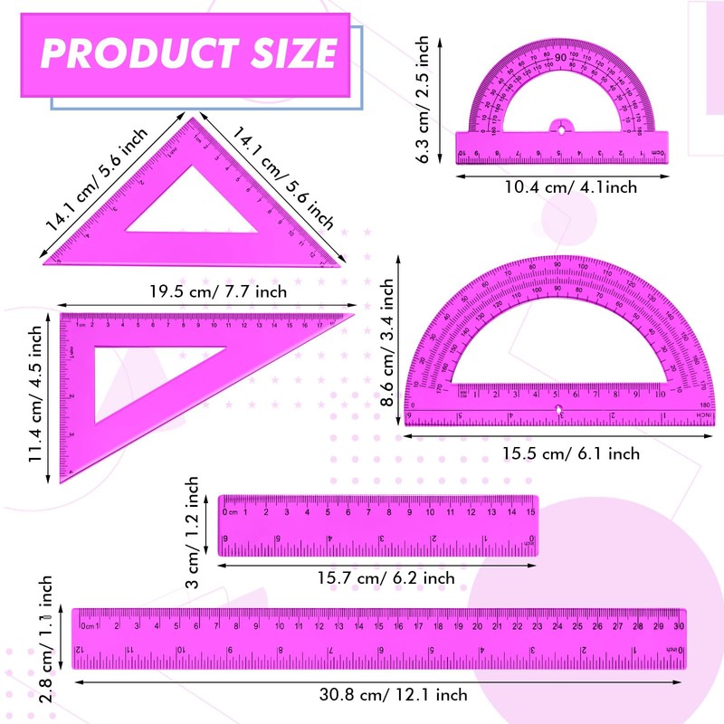 Tenare 6 Pcs Plastic Ruler Math Set Includes 12 Inch
