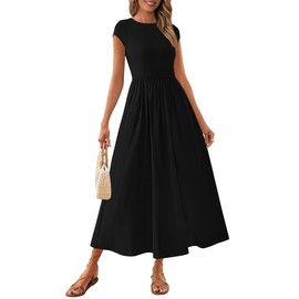 PRETTYGARDEN Women's 2025 Summer Casual Long Dresses Cap Sleeve Patchwork A Line Flowy Modest Elegant Homecoming Maxi Dress (Black,X-Large)