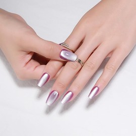 Summer Press On Nails Short Ballerina, Cat Eye Press On Nails, Translucent Candy Purple Magnetic Nails, Ice Glossy Gel Fake Nails, Reusable Acrylic Stick On Nails for Women, Moonlit Amethyst