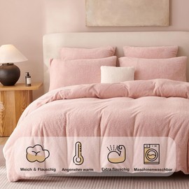 Lanqinglv Plush Bed Linen 135 x 200 cm, Fluffy Teddy Fleece, Pink, Cashmere Touch Oeko-Tex Warm Winter Bed Linen, Thermal Reversible Duvet Cover and 1 Pillowcase 80 x 80 cm with Zip