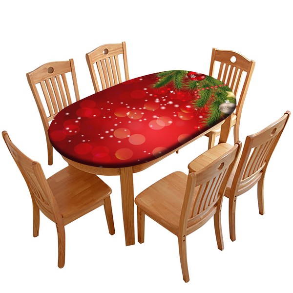 RenteriaDecor Christmas Tree Fitted Table Cover, Red Ball and Snowflakes