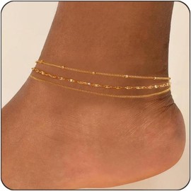 gold ankle bracelets for women waterproof, anklets layered thin snake chain herringbone non tarnish stainless steel dainty summer set gift - Color: GOLD-2801