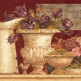 CONCORD WALLCOVERINGS ™ Wallpaper Border Vintage Pattern Vases Flowers for Cottage Dining Room Living Room, Beige Burgundy Purple, 15 ft by 10.25 in EU4771B