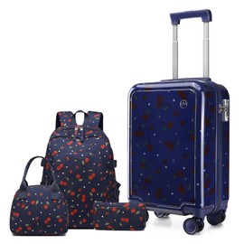 Somago 4 Piece Kid's Luggage with Backpack Set for Boys Girls Spinner 18" Hardside PC Rolling Carry on Suitcase with TSA Lock (Cherry Navy)