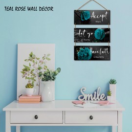 3 Pcs Wooden Teal Flower Wall Art - Teal Rose Wall Decor With Inspirational Quotes - For Women, Office, Living Room, Bedroom (10 x 4 Inch)