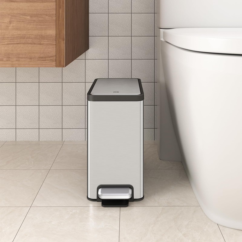 EKO Slim Small Bathroom Trash Can with Lid, Stainless Steel