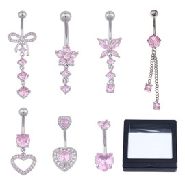 NICENEEDED Pack of 7 Belly Rings Stainless Steel for Women Belly Rings with Pink Heart Zirconia Belly Jewellery