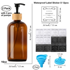 Dayify 16oz/480ml Amber Glass Soap Dispenser Set, 2 Pack Dish Hand Soap Dispenser for Kitchen Bathroom, Clear Liquid Soap Bottle Dispenser with Bamboo Pump, Waterproof Labels, Funnel