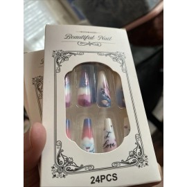 Unbranded Romantic Love Clouds Long Coffin Press On Nails 24pcs Boxed With Glue & Tabs