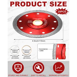 Therwen 25 Pcs Diamond Saw Blade Bulk 4.5 Inch Thin Tile Blade for Angle Grinder Tile Tools for Cutting Porcelain Ceramic Granite Marbles(Red)