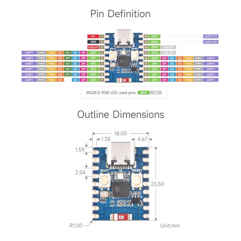 Waveshare ESP32-C3 Mini Development Board, Based On ESP32-C3FN4 Single-Core Processor,
