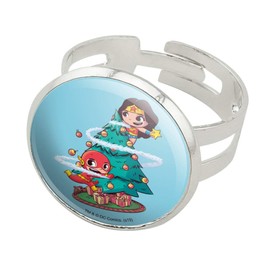GRAPHICS & MORE Wonder Woman and Flash Christmas Tree Silver Plated Adjustable Novelty Ring