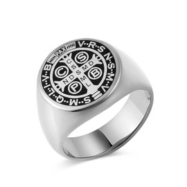 HZMAN Men St Benedict Exorcism Ring Stainless Steel Catholic Roman Cross Demon Protection Ghost Hunter Ring (Silver, 13)