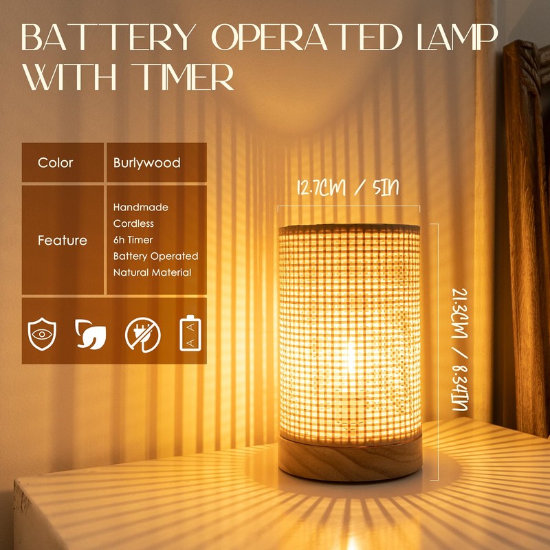 Battery Operated Lamp Boho Rattan Table Lamp with Timer, Battery