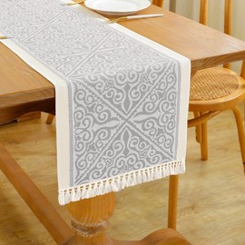 HomeyHo Floral Coffee Table Runner for Living Room Kitchen Farmhouse Bordered Dining Table Runner with Fringe Rectangle Heat Resistant Elegant Grey 14"x71"