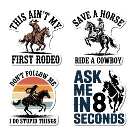 (4 PCS) Bronc Riding Rodeo Sticker Don't Follow Me I Do Stupid Things, This Ain't My First Rodeo, Save A Horse Ride A Cowboy Waterproof Decal Gift Suitable for Laptop Phone Car Window 3 Inches