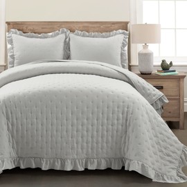 Lush Decor Reyna Ruffle Reversible Oversized 3 Piece Quilt Set, King, Light Gray