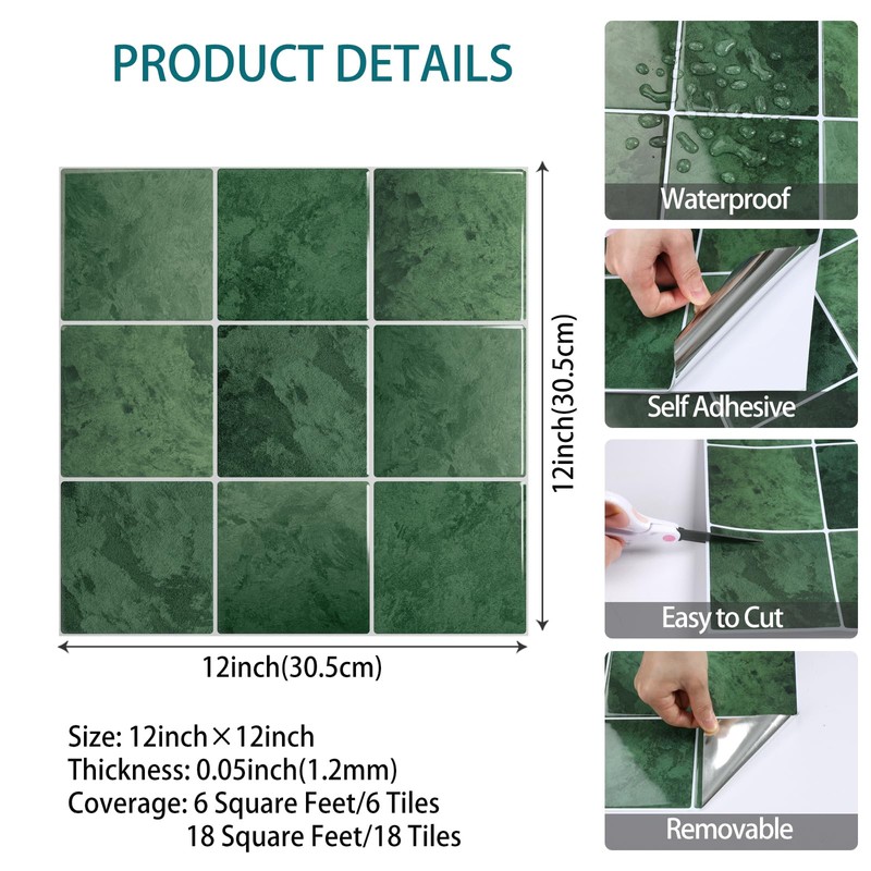 VaryStyle Green Peel and Stick Backsplash for Kitchen Bathroom Wall