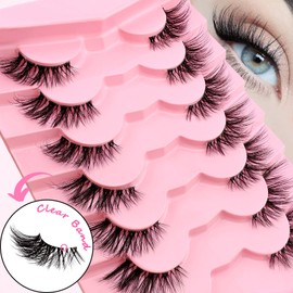 7P-CZ-35 Clear Band Half Eyelashes, Cat Eye, 15 mm Short Cat Eye Artificial Eyelashes, Natural Look, 1/2 Corner False Eyelashes Set, 3/4 Corner Eyelashes, Reusable, Lightweight Makeup Eyelashes